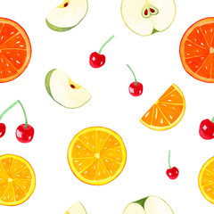 Watercolor hand-drawn seamless texture of fruits and berries. Pattern of orange slice, yellow lemon, green apple and red cherry on white background. Summer juicy illustration art