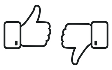 Thumb up and down outline icon isolated on white background. Like and dislike social network pictograms isolated on white background. Outline positive and negative buttons for a website or mobile app.