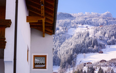 House architecture in Mayrhofen in Zillertal valley in Tirol Austria reflex