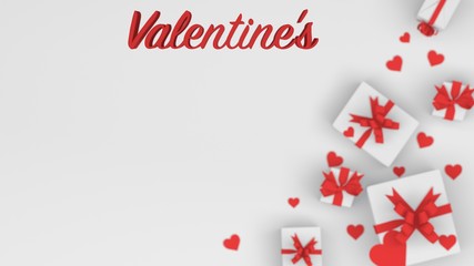 Fototapeta na wymiar 3d render of white present boxes with ribbon in a white background. red valentines day hearts. copy space left for your text