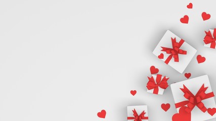 3d render of white present boxes with ribbon in a white background. red valentines day hearts. copy space left for your text