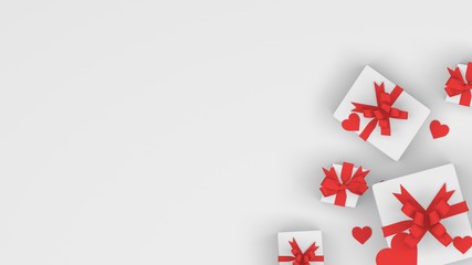 3d render of white present boxes with ribbon in a white background. red valentines day hearts. copy space left for your text