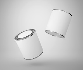 Paint can with a lid on grey background, white label, template for design and advertising. 3d illustration.