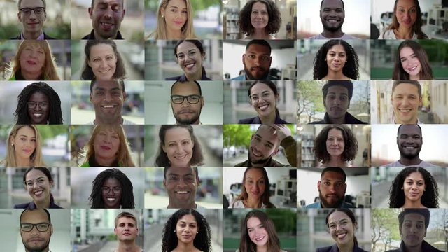 Collage of men and women smiling at camera. Multiscreen montage of cheerful diverse people posing and smiling at camera. Facial expression concept