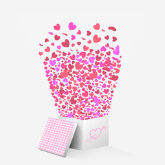 Happy Valentine's Day Greeting Card. Gift Box with love fly pink hearts on white background. Stock Vector Illustration.