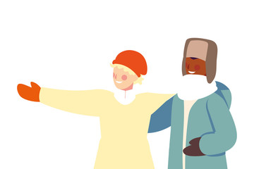 men with winter clothes on white background