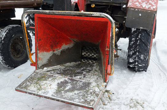 Close-up Of The Receiver Of The Wood Chipper. Collection Point For Recycling Used Christmas Trees