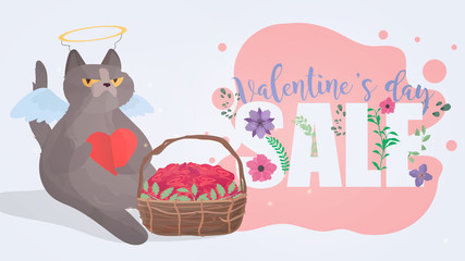 Valentine's day sale. Valentine's Day celebration. Flower font. Funny gray cat in the image of a cupid. A cat with a serious look. Chubby cat with an arrow. Concept for the day of lovers. 
