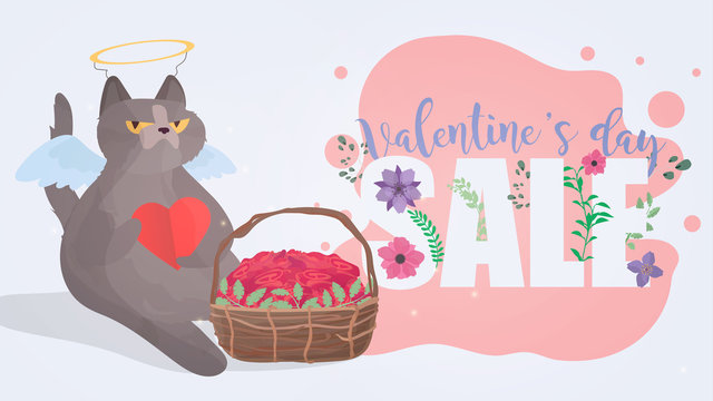 Valentine's day sale. Valentine's Day celebration. Flower font. Funny gray cat in the image of a cupid. A cat with a serious look. Chubby cat with an arrow. Concept for the day of lovers. 