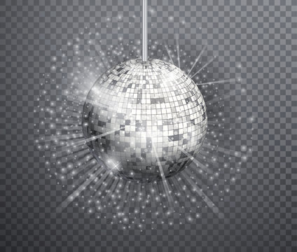 Silver disco ball vector, shining club symbol of having fun, dancing, dj mixing, nostalgic party, entertainment. Rays of light reflect in mirror surface.