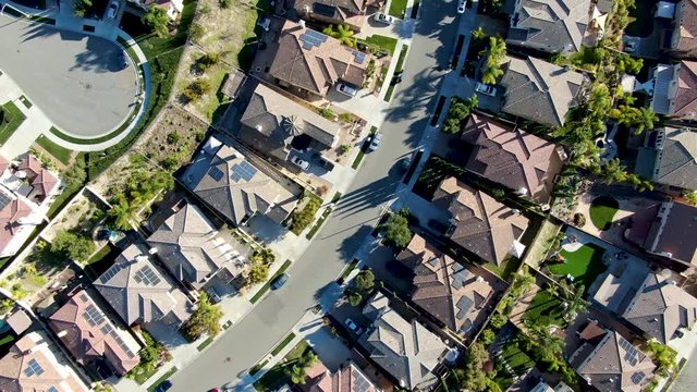 Aerial top view of upper middle class neighborhood with residential house in Chula Vista, California, USA.
