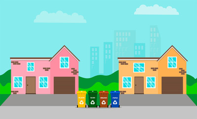 Separate garbage collection and waste sorting. Zero waste lifestyle. Containers for separate collection of garbage on the street near the houses. City view in the background. Flat style.