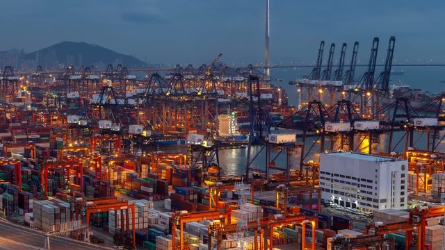 Hong Kong container port terminal and logistics center timelapse pan up
