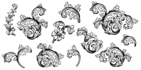 Vintage Baroque Victorian frame border flower pattern vector floral engraved scroll ornament leaf retro decorative design tattoo black and white filigree calligraphic heraldic shield swirl - obrazy, fototapety, plakaty