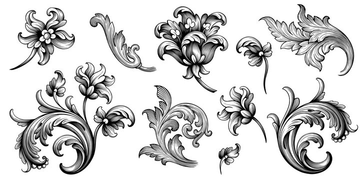 Flower vintage Baroque scroll Victorian frame border floral ornament leaf engraved retro pattern rose peony decorative design tattoo black and white filigree calligraphic vector