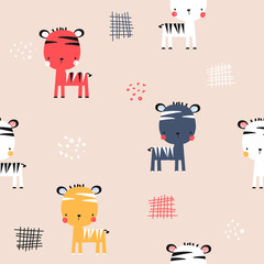 Seamless pattern with little zebra. Childish funny print. Vector hand drawn illustration.