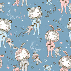 Seamless pattern with kids in pajamas with Bunny toys and Teddy bear. It's time to sleep. Vector.