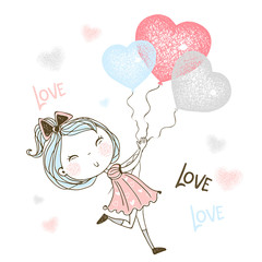 A cute little girl runs after balloons in the form of a heart. Vector.
