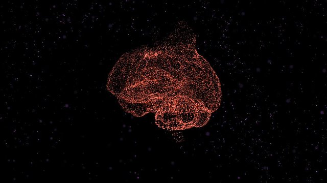 Brain animation with big data flow analysis in a shape of abstract particles over black background.