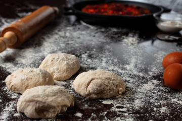 dough pizza making, kneaded pizza dough, sausage