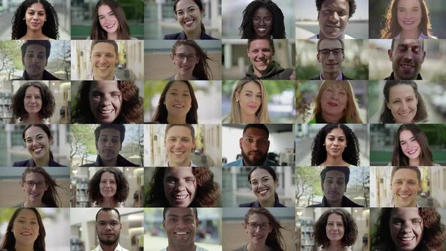 Collage of young and middle aged people looking at camera. Split screen collage of cheerful multiethnic men and women posing and smiling at camera. Facial expression concept