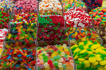 Collage of photos with different sweets jelly candies