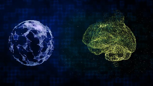 Concept of technologies and intelect. Plexus planet and brain from space dust particles over gridded digital background.
