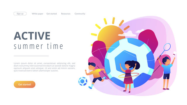 Tiny people, active kids in camp playing sports outside and big football. Sport summer camp, multi sports camp, active summer time concept. Website vibrant violet landing web page template.