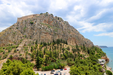 Mountain with the old Palamidi impregnable fortress on the top, Nafplio, Peloponnese, Greece