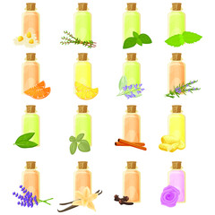 Essential oils in bottle isolated illustrations set, vector clip-art.