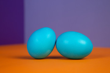 Easter composition of multicolored colorful easter eggs and feathers on pastel background. Happy Easter holidays.