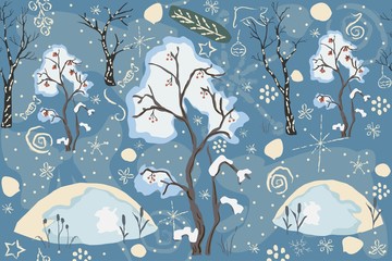 Seamless Winter pattern with merry Christmas tree, berry tree covered with snow and snowdrift