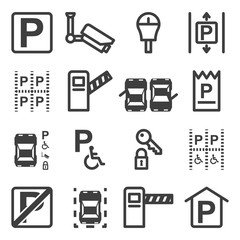 A set of icons related to parking, places for packing, as well as safety and the correct location in parking spaces. Isolated vector on a white background