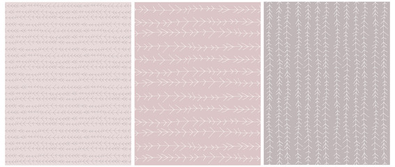 Fototapeta premium Set o 3 Abstract Geometric Vector Patterns. Irregular Hand Drawn Lines Isolated on a Plae Pink and Light Brown Backgrounds. Funny Simple Creative Design. Infantile Style Striped Vector Print.
