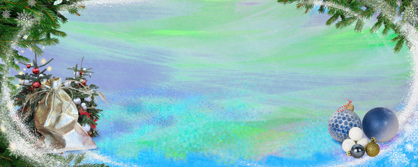 Holiday card with Christmas toys and a place to congratulate. Merry Christmas and happy New year in the form of a banner for a website or blog.