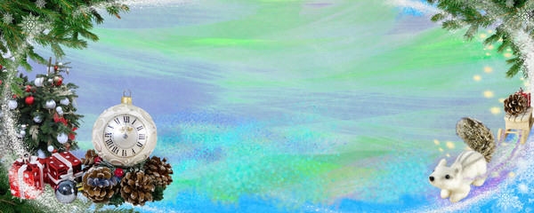 Holiday card with Christmas toys and a place to congratulate. Merry Christmas and happy New year in the form of a banner for a website or blog.