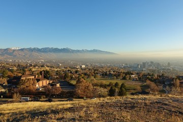 Landscape view of the Utah State Capitol Building and Salt Lake City, Utah, seen from the Ensign...