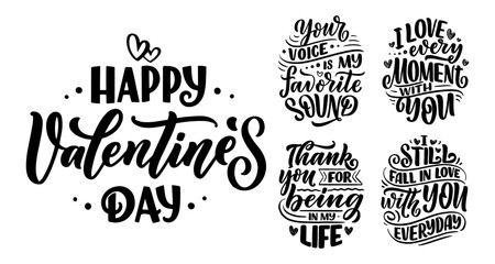 Set with slogans about love in beautiful style. Vector abstract lettering compositions. Trendy graphic design for prints and cards. Motivation posters. Calligraphy text for Valentine's Day.