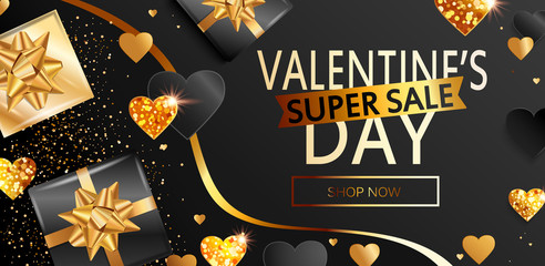 Fototapeta na wymiar Super sale banner for Valentines days.Shop now and get discounts.Gold and black poster with glitters, shiny hearts, gifts,shimer.Template for flyer, invitation for february 14.Vector illustration.