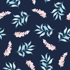 Fototapeta na wymiar Floral watercolor seamless pattern with branches and flowers on blue background for fabric and paper design and production. for invitations and greeting cards.