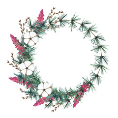 Christmas watercolor wreath with fir branches, cotton and flowers on a white background for decoration of cards and invitations.