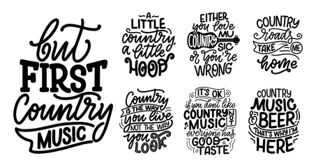 Set with Country Music lettering quotes for festival live event poster Concept. Textured Illustration. Funny slogans for cowboy print design.