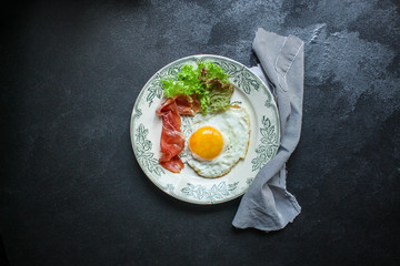 fried eggs, healthy food (delicious snack) menu concept. food background. top view. copy space