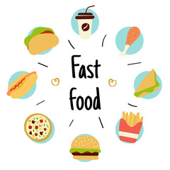 Fast food. Set of hand drawn food icons with sample text. Vector