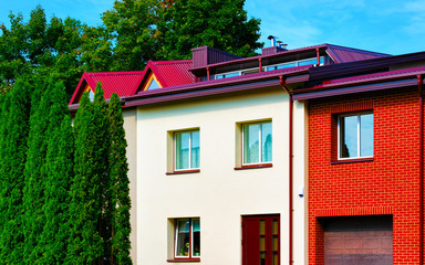 Apartment in residential building exterior. Housing structure at blue modern house of Europe. Rental home in city district on summer. Architecture for business property investment, Vilnius, Lithuania.