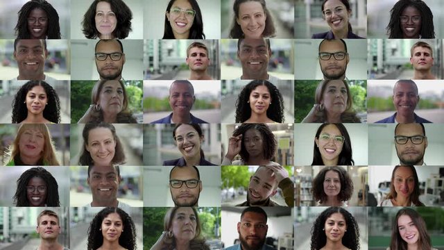 Collage of diverse people looking at camera. Multiscreen montage of cheerful men and women posing and smiling at camera. Facial expression concept