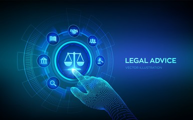 Labor law, Lawyer, Attorney at law, Legal advice concept on virtual screen. Internet law and cyberlaw as digital legal services or online lawyer advice. Robotic hand touching digital interface. Vector