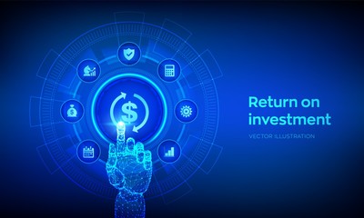 ROI. Return on investment business and technology concept. Profit or financial income strategy. Market and Finance, Business Growth. Robotic hand touching digital interface. Vector illustration.