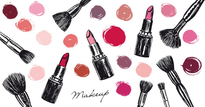 Makeup Set. Brushes And  Lipstick Hand Drawn Illustration.