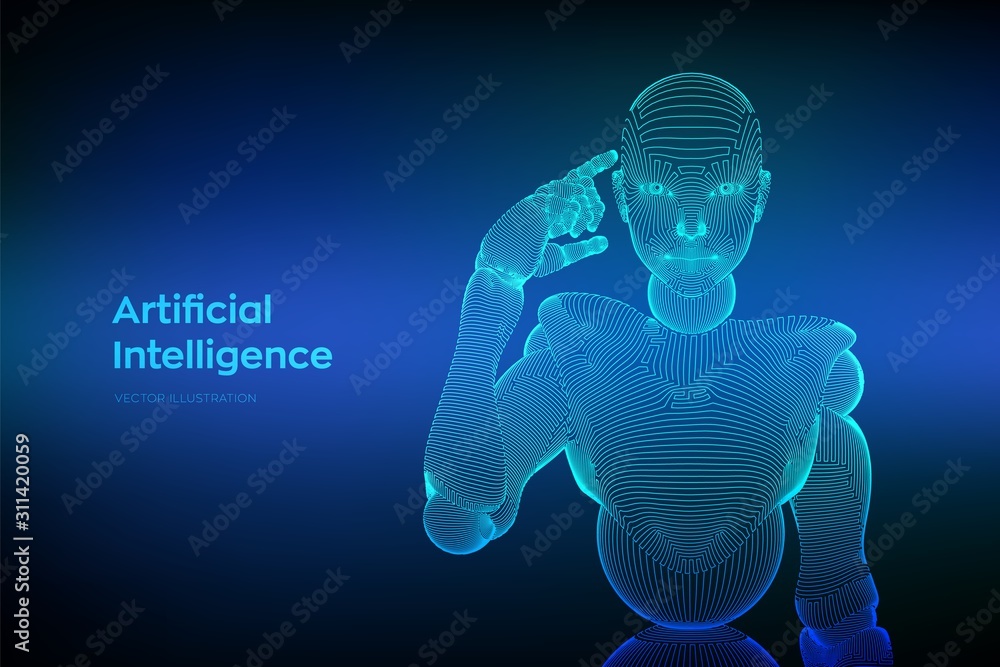 Aufkleber abstract wireframe female cyborg or robot holds a finger near the head and thinks or computes using 